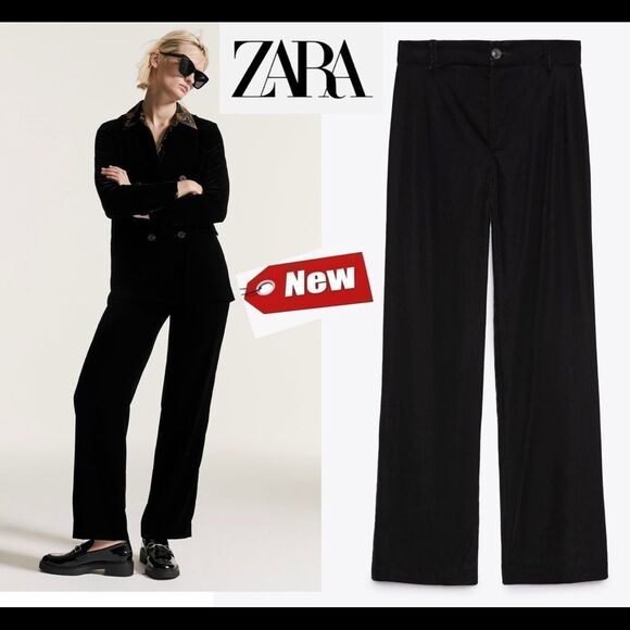 ZARA black velvet high waisted straight leg pants size M NWT